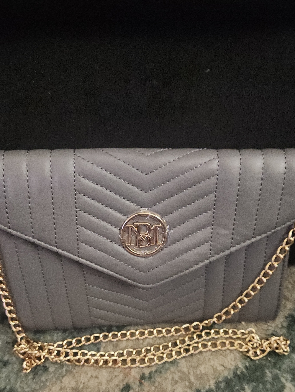 Badgley Mischka Gray Quilted Envelope Shoulder Bag with Gold Chain
